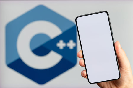 New York, USA - November 15, 2023: Creating new mobile app on C++ platform background with...