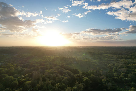 Sunset over green environment  nature aerial drone viewの写真素材
