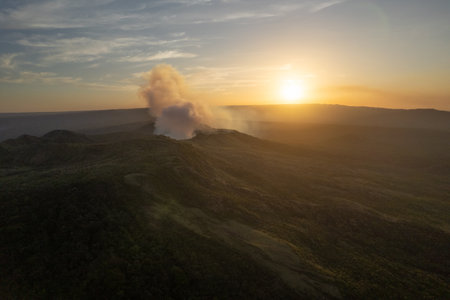 Smoke coming from volcano in Masaya Nicaragua aerial drone viewの写真素材