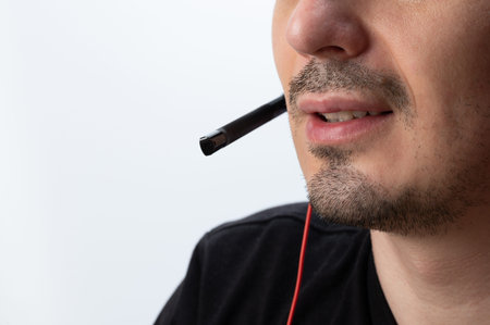 Online support theme. Man on phone call  isolated close up view