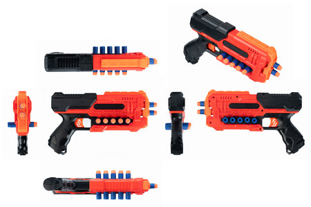 Different view of nerf blaster toy gun isolated on white studio background