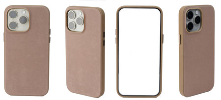 Smartphone in brown cover case different views isolated on white studio backgroundの写真素材