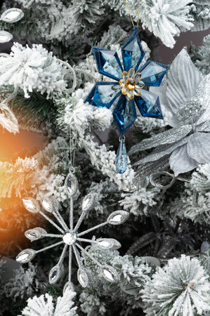 Merry Christmas decoration theme. Ornament on fir branch for new yearの写真素材