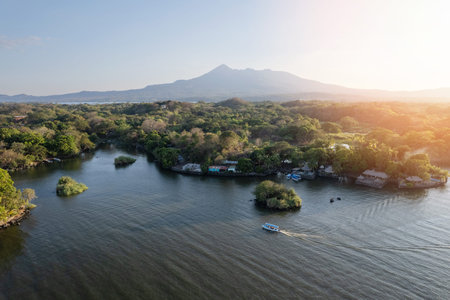 Small boat island tour in Nicaragua Granada islands aerial drone view