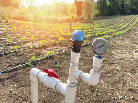 Irrigation water pipes system for agriculture field on sunny day backgroundの写真素材