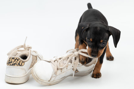 Puppy carry shoe with bite laces isolated on white studio backgroundの写真素材