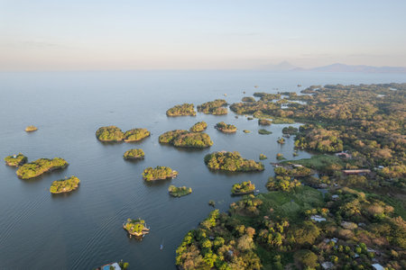 Granada islands in sunset light with Ometepe island background aerial drone viewの写真素材