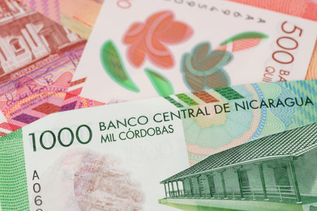 Nicaragua economy theme. Paper bills of cordoba close up viewの写真素材