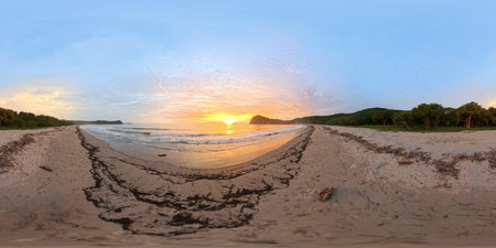 360 VR panorama of pacific ocean beach la flor in Nicaragua on sunset time pink colors