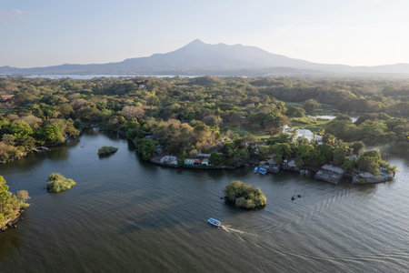 Travel tour in Nicaragua central America aerial drone view on sunset light