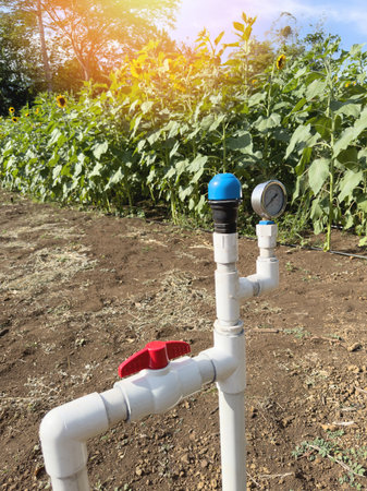 Water sprinkle irrigation pipes on agriculture field backgroundの写真素材