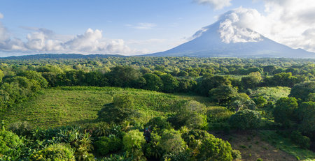 Panorama of green Ometepe island with volcano landscape aerial drone viewの写真素材