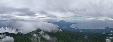 Wide landscape panorama of Ometepe island aerial drone viewの写真素材