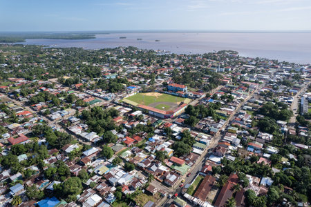 Central park in Bluefields town Nicaragua aerial drone viewの写真素材