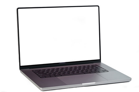 Metal laptop with open screen isolated on white studio backgroundの写真素材