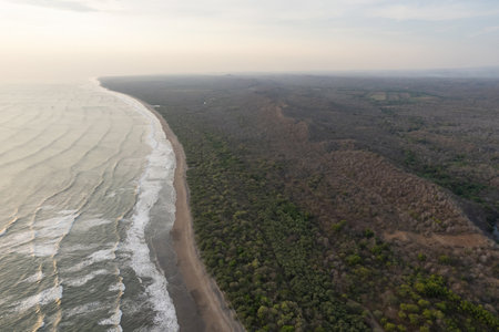 Tropical beach ocean landscape on sunset time aerial drone viewの写真素材