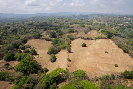 Clean brown agriculture field landscape aerial drone viewの写真素材