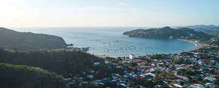 Panoramic view in San Juan Del Sur in dusk light aerial drone viewの写真素材