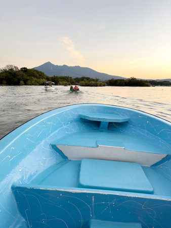 Summer holiday on boat theme. Marine vacation on sunset timeの写真素材