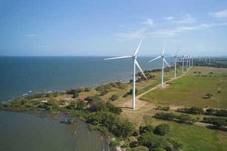 Wind mills electrical turbine on lake shore aerial drone viewの写真素材