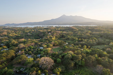 Green valley infront of volcano Mombacho aerial drone viewの写真素材