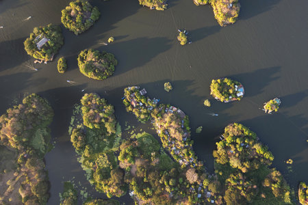 Tropical islands with many boats aerial drone view in Nicaragua Granadaの写真素材