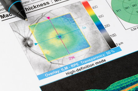 Detailed examination of macular thickness data performed using high-definition technology at clinical facility.の写真素材