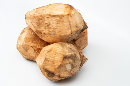 Pile of group cut coconuts isolated on white studio backgroundの写真素材