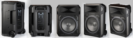 Portable party music speaker on wheels different view isolated on studio backgroundの写真素材