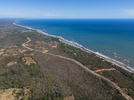 Overlooking scenic coastal area featuring winding road, lush vegetation, and serene ocean view.の写真素材