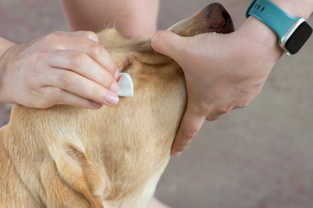 Veterinarian cleaning dog eye  with cotton pad close up viewの写真素材