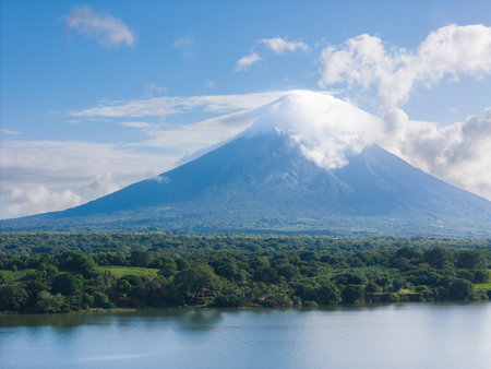Concepcion volcano with white cloud on peak aerial drone view landscapeの写真素材
