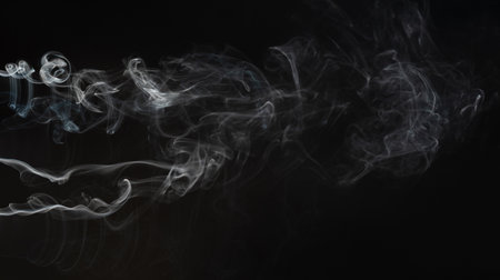Abstract wavy curly lines smoke on black backgroundの写真素材