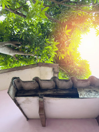 Damaged tile roof gutter on siding in sunny green background