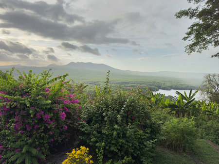 Lush vegetation and vibrant flowers frame panoramic view of mountains and calm lake during twilight.