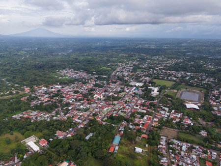 San Marcos Nicaragua aerial landscape with volcano backgroundの写真素材