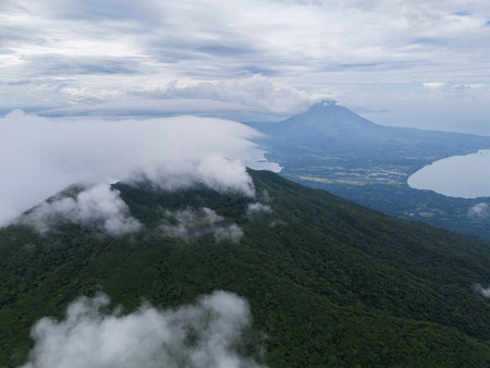 Volcano cones with lake in Ometepe island aerial drone panorama viewの写真素材