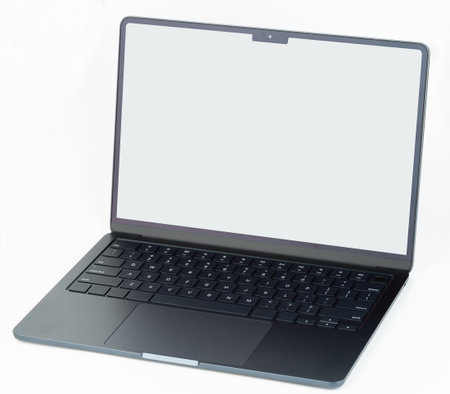 Sleek laptop features minimalist design with full keyboard and large screen, perfect for work or study.の写真素材