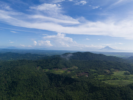 Nicaragua green mountain hills with blue sky background aerial drone viewの写真素材