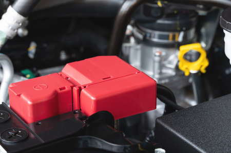 Car accumulator terminal of battery on engine part background