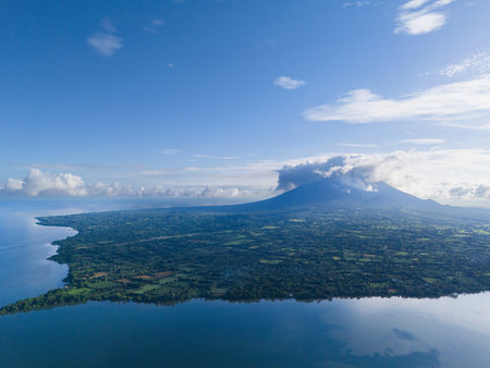 Panoramic view on Ometepe island in Nicaragua aerial drone viewの写真素材