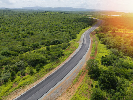Green natural landscape with asphalt highway road aerial drone viewの写真素材