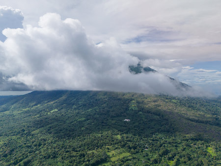 Concepcion volcano covered with clouds in Ometepe island aerial drone viewの写真素材