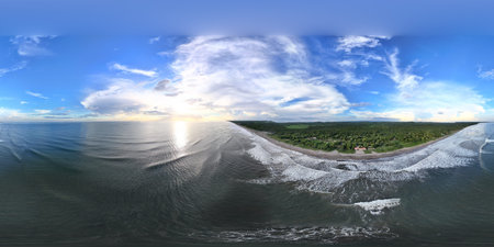 360 vr aerial panorama of tropical beach on sunset time