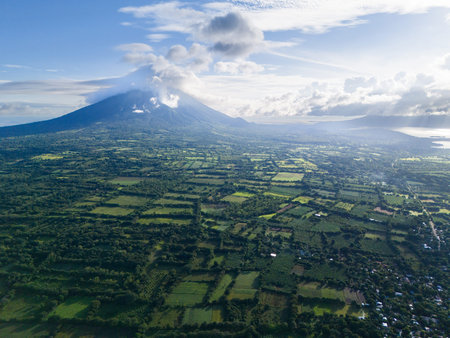 Green meadow valley in Ometepe island aerial drone view