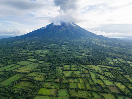 Green landscape with concepcion volcano in Ometepe island aerial drone viewの写真素材