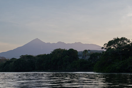 Lake next to volcano with islands at dusk sunset lightの写真素材