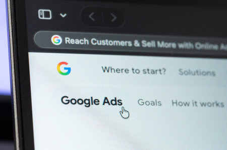 New York, USA - February 24, 2026: Using Google Ads solutions service close up macro view on computer screenのeditorial素材