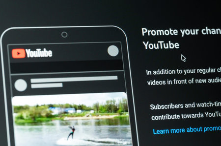 New York, USA - February 24, 2026:Start promoting youtube channel service close up macro view on...