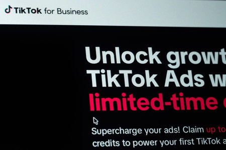 New York, USA - February 24, 2026: TikTok for business service page  service close up macro view on...